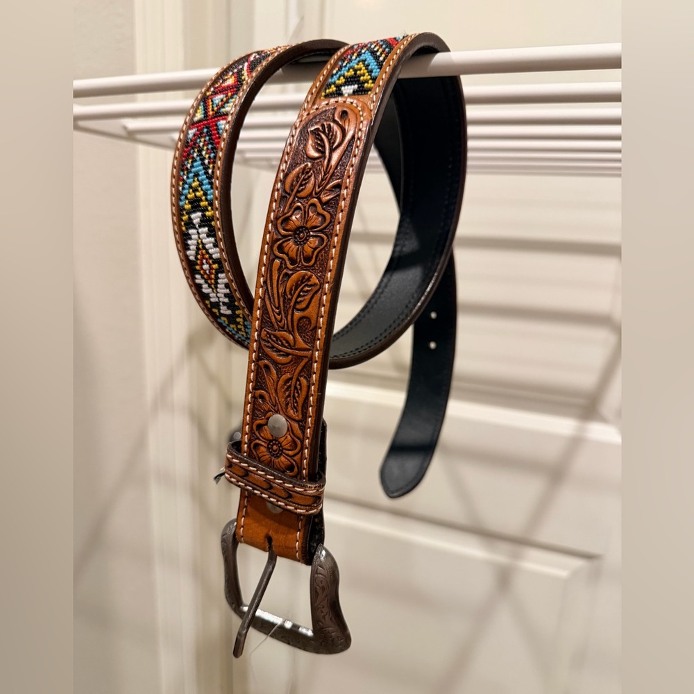 Brown Beaded and Embossed Leather Belt